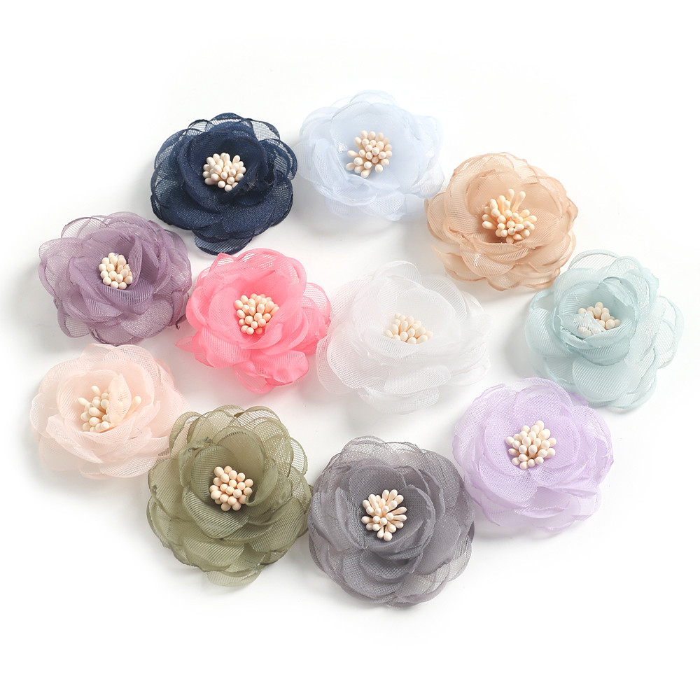 1/5 ชิ้น 4 ซม. Camellia Rose Organza ดอกไม้ประดิษฐ์หัวงานแต่งงานตกแต่ง DIY เจ้าสาวผมพวงหรีดสาวของขวัญเสื้อผ้าชุดอุปกรณ์เสริม