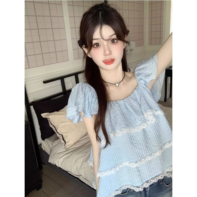 🧡LINNA🧡ลูกไม้ ประกบ แขนสั้น เสื้อเชิ้ต หวาน เซ็กซี่ สไตล์แฟชั่น