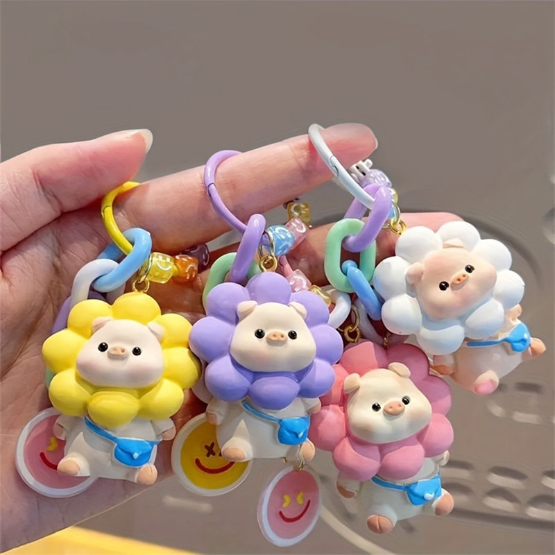 การ์ตูนสร้างสรรค์ดอกทานตะวันหมูพวงกุญแจกระเป๋าเป้สะพายหลังจี้ตกแต่งเรซิ่นพวงกุญแจ