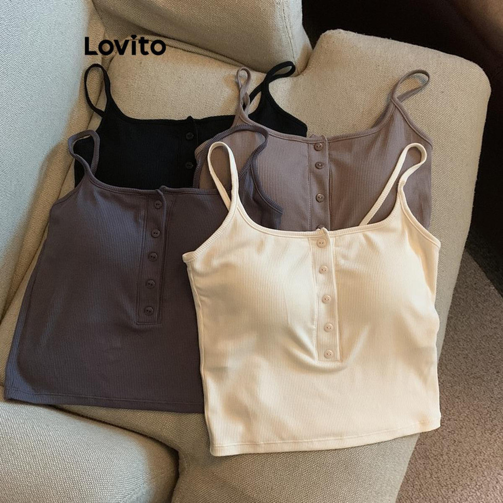 Lovito เสื้อสายเดี่ยวผู้หญิง มีกระดุม สีพื้น สไตล์ลำลอง LNE42017