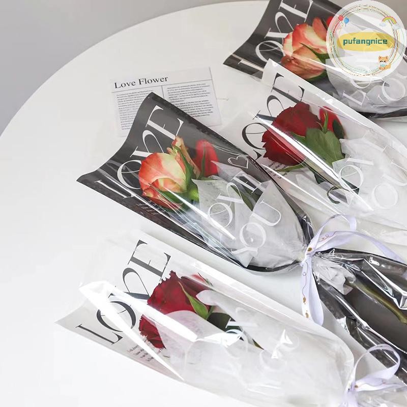 Pufangnice 20 ชิ้น LOVE โปร่งใส Rose ถุงบรรจุภัณฑ์ช่อดอกไม้ถุงพลาสติกช่อดอกไม้กระดาษห่อเดี่ยวหนึ่งตรงกระเป๋าดอกไม้บรรจุภัณฑ์ TH