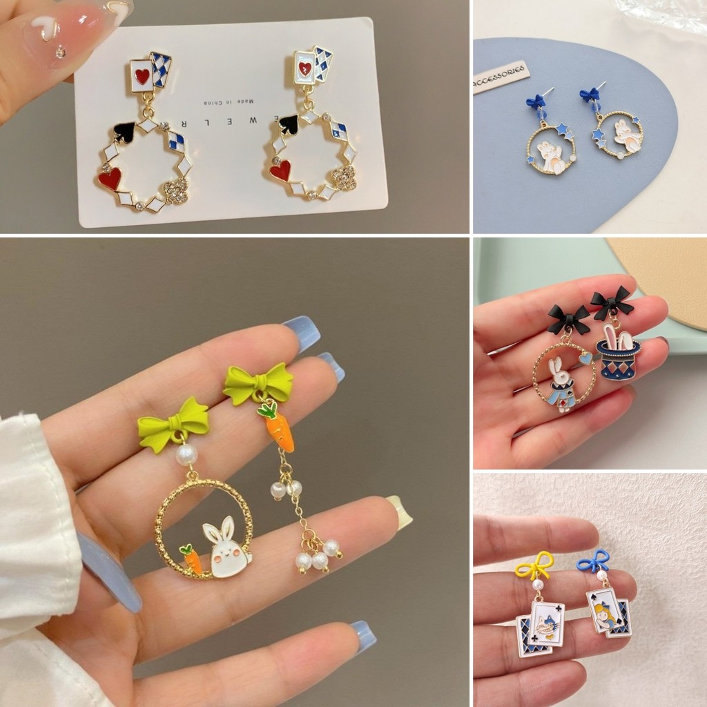 ต่างหูแฟชั่น S925 Pin ที่มีการออกแบบไม่สมมาตรและพู่มุก, ปุ่มแครอทกระต่าย