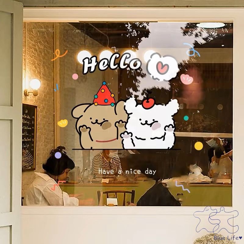 การ์ตูนน่ารักลูกสุนัขสติกเกอร์กระจกไฟฟ้าสถิตร้านค้าหน้าต่างกระจกประตูสติกเกอร์ปีใหม่และคริสต์มาสบรรยากาศตกแต่ง