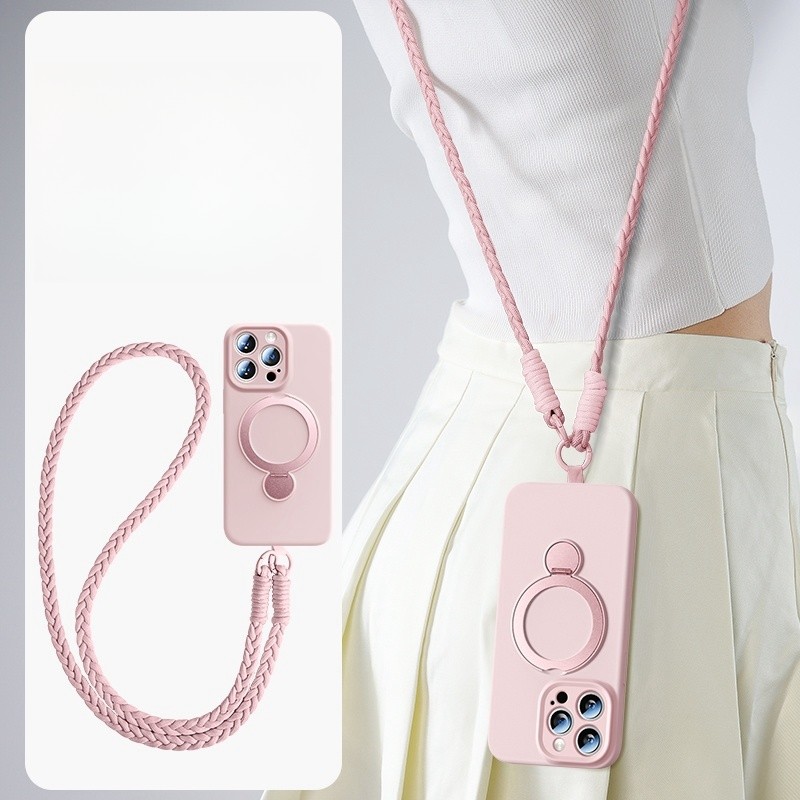 เคสซิลิโคนเหลวแบบนุ่มพร้อมขาตั้งหมุนได้เคสโทรศัพท์หรูหราพร้อมเชือกคล้องยาวแนวทแยงสําหรับ iPhone 16 15 14 13 Pro Max เคส Lanyard ฝาครอบกันกระแทกแม่เหล็ก 15pro สาย