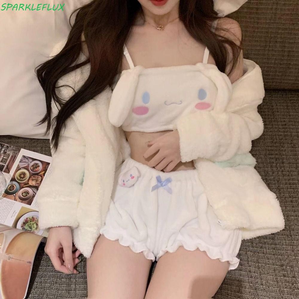 Sparklelux ชุดนอนสตรีชุด, Cinnamoroll Kuromi Coral ขนแกะชุดนอน, Kawaii Melody Bowknot แขนกุด Nightdress ชุดผู้หญิงฤดูใบไม้ร่วง/ฤดูหนาว