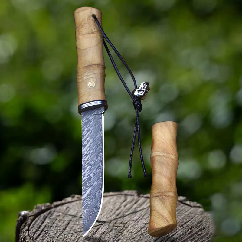 Japanese (stick insect) Damascus Steel hunting straight knife, outdoor camping survival knife, jungl