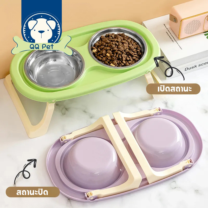 COD🐶🐱ชามอาหารสัตว์เลี้ยง ชามอาหารสัตว์ ชามอาหารแมว สเตนเลส ชาม2ช่อง มี 3 สี พับ ปรับความสูงได้