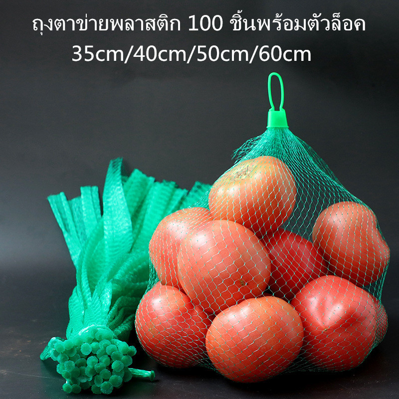 ถุงตาข่ายพลาสติก 100 ชิ้นพร้อมตัวล็อค ถุงตาข่ายผลไม้ ถุงตาข่ายไนลอนแบบพกพา 30/35/40/45/50/60/70 ซม