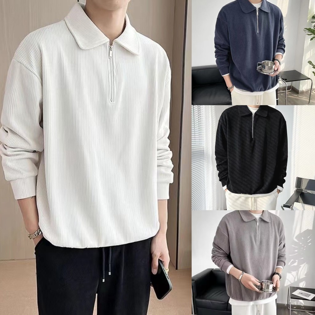 เสื้อโปโลแขนยาวซิปปกผู้ชายอินเทรนด์แฟชั่นลําลองอินด้านบน