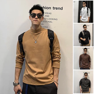 เสื้อยืดแขนยาวผู้ชายคอสูงเทรนด์แฟชั่นเสื้อยืดแขนยาวเสื้อผ้าผู้ชาย