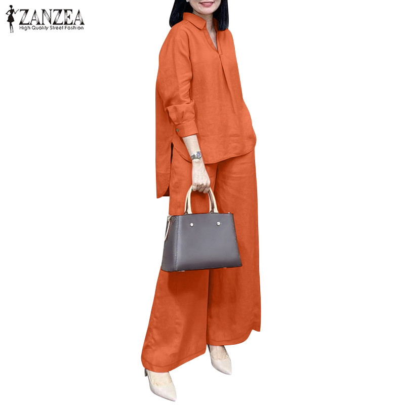 ZANZEA ซานเซีย ผู้หญิงเกาหลีจีบแขนยาวเปิดลง-ปกเสื้อกว้างขาชุดสองชิ้น