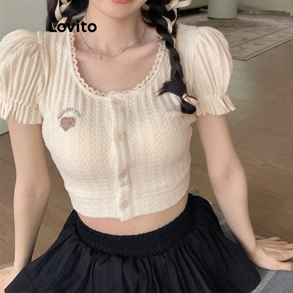 Lovito เสื้อเบลาส์ผู้หญิง คอแต่งระบาย สีพื้น สไตล์ลำลอง LNA40070
