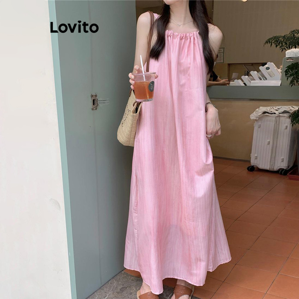 Lovito ชุดเดรสผู้หญิง เปิดไหล่ สีพื้น สไตล์ลำลอง LNE55573