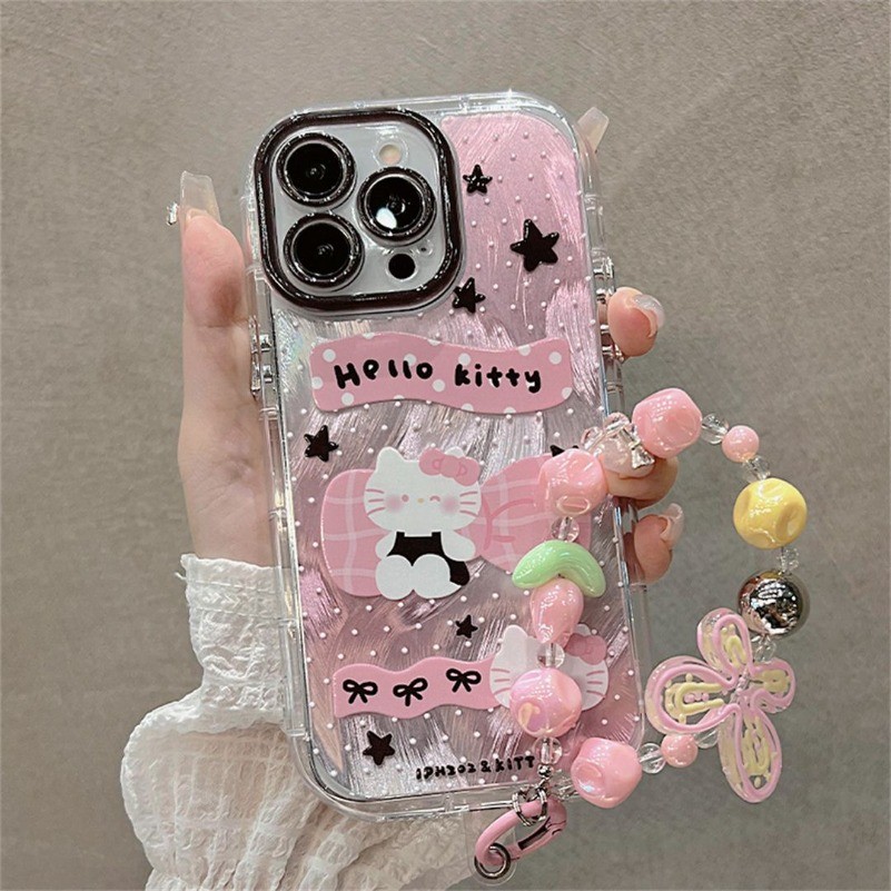 Iphone 16 15 14 13 12 11 Pro Max X Xr Xs Max 7 8 Plus SE2020 เคสโทรศัพท์น่ารักสีชมพูHello Cat + Lanyard Blingฝาครอบโทรศัพท์ใส