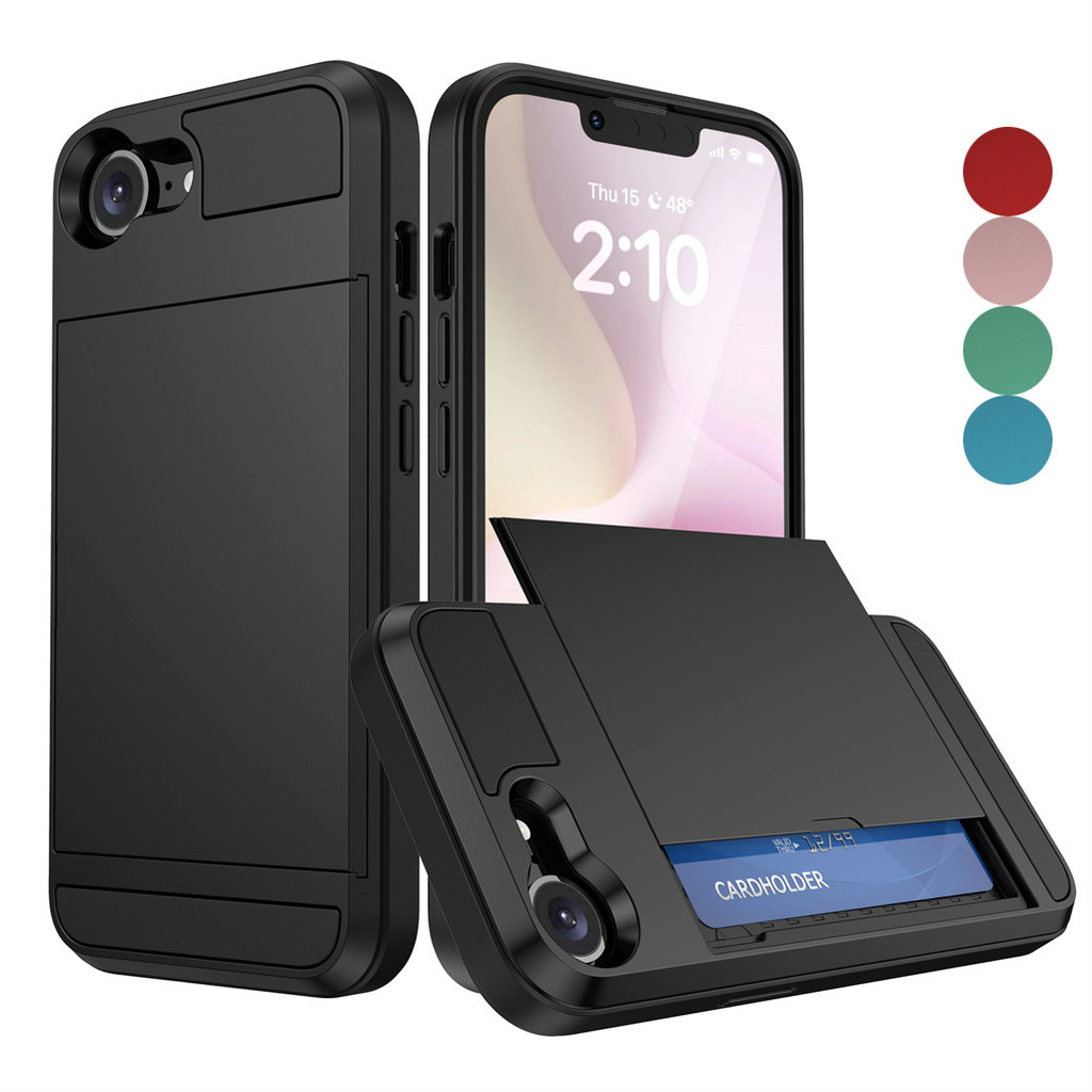 สําหรับiphone 16E SE3 SE2 7 8 Plus XR X/XS Max 11 12 13 Mini 14 Pro Maxซ่อนช่องเสียบการ์ดเลื่อนSlim Dual Layer Heavy Dutyกันกระแทกกระเป๋าสตางค์ป้องกันHard Shellสําหรับผู้หญิงผู้ชาย