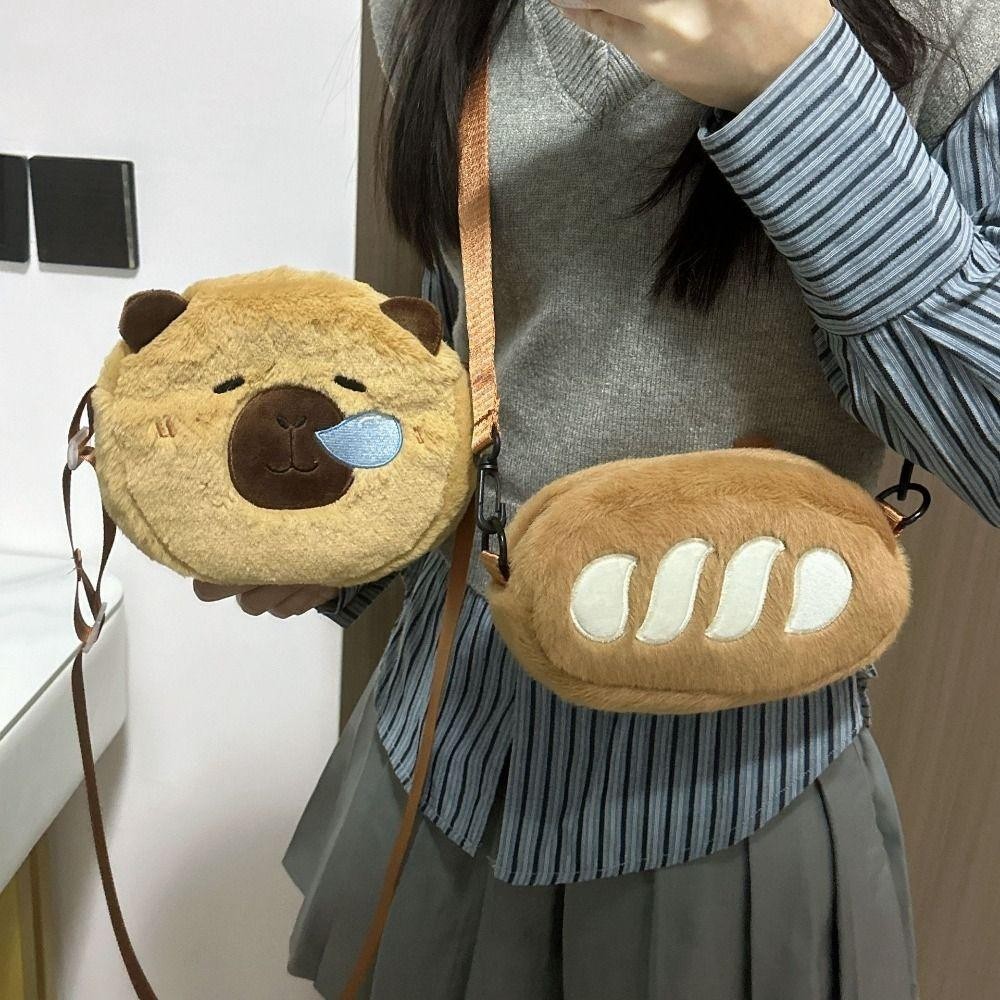 Jeremy1 Capybara Plush Crossbody Bag,สองด้าน Kawaii French Bread Capibara Bag,แบบพกพา Creative Coin Pouch Soft Fluffy Animal กระเป๋าถือเด็ก