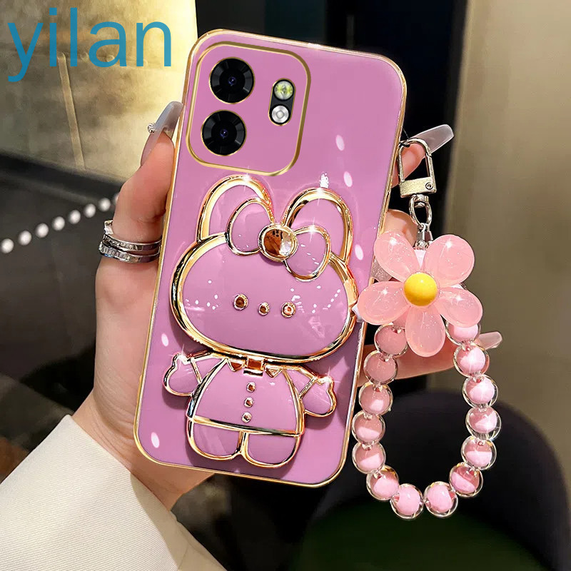 ปลอก infinix Smart 9 Hot 50i 4G X6532 X6531 Smart9 Hot50i NFC เคสโทรศัพท์ TPU 3D กระต่ายเครื่องสําอางกระจกแต่งหน้าขาตั้ง Ultra Thin Electroplated Soft Case Shock Protection Case พร้อม