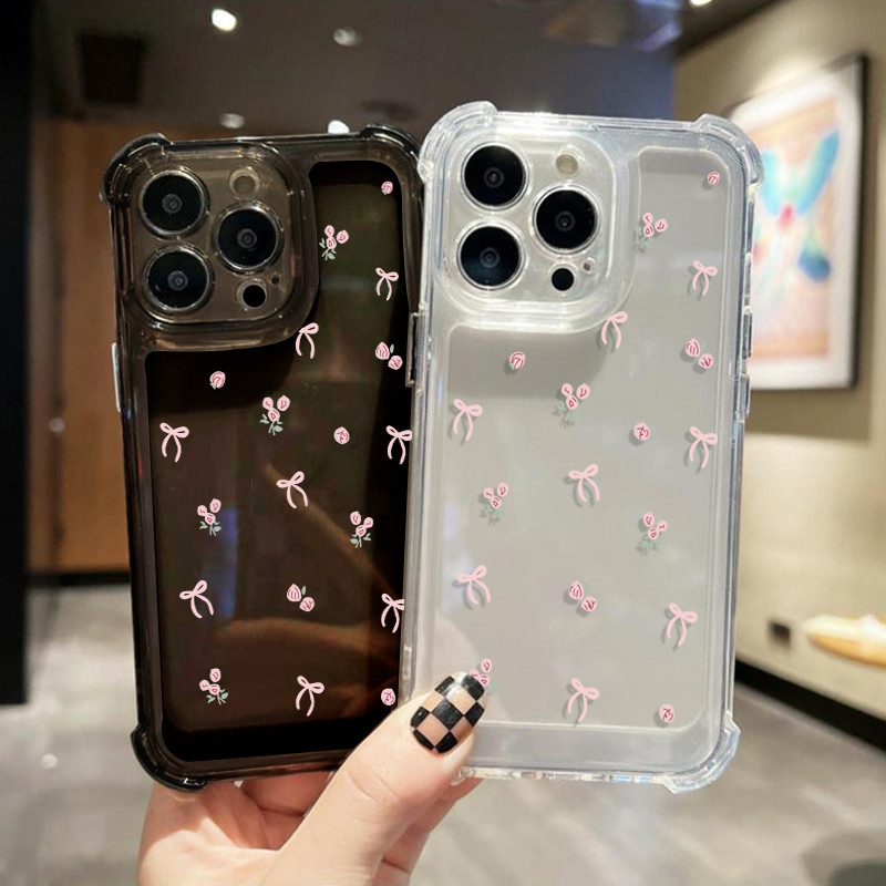 นิ่มกันกระแทกเคสโทรศัพท์ เคสสำหรับ เคส iphone 11 เคสไอโฟน 13 14 15 12 XR 7 8 6 Plus X XS 15 Pro MAXโบว์และดอกไม้สีชมพู
