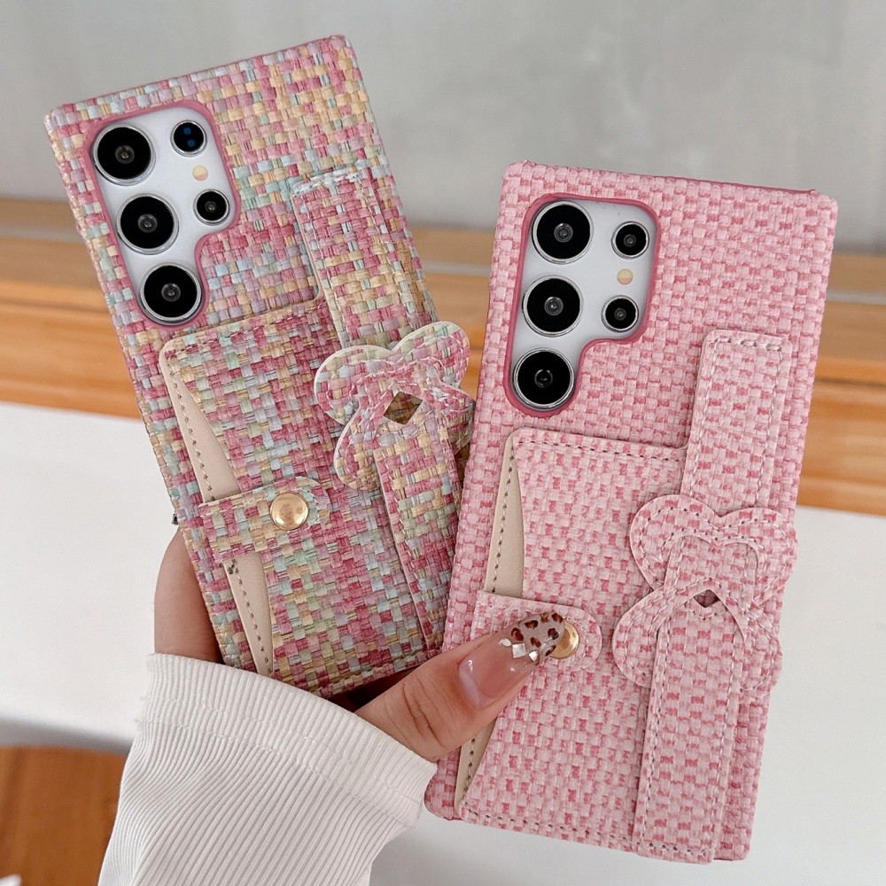 Ins สไตล์สานลายสก๊อตสายรัดข้อมือกรณี Samsung Galaxy S22 S23 S24 S25 Ultra Creative ช่องใส่การ์ดกระเป๋าสตางค์ฝาครอบกันชน