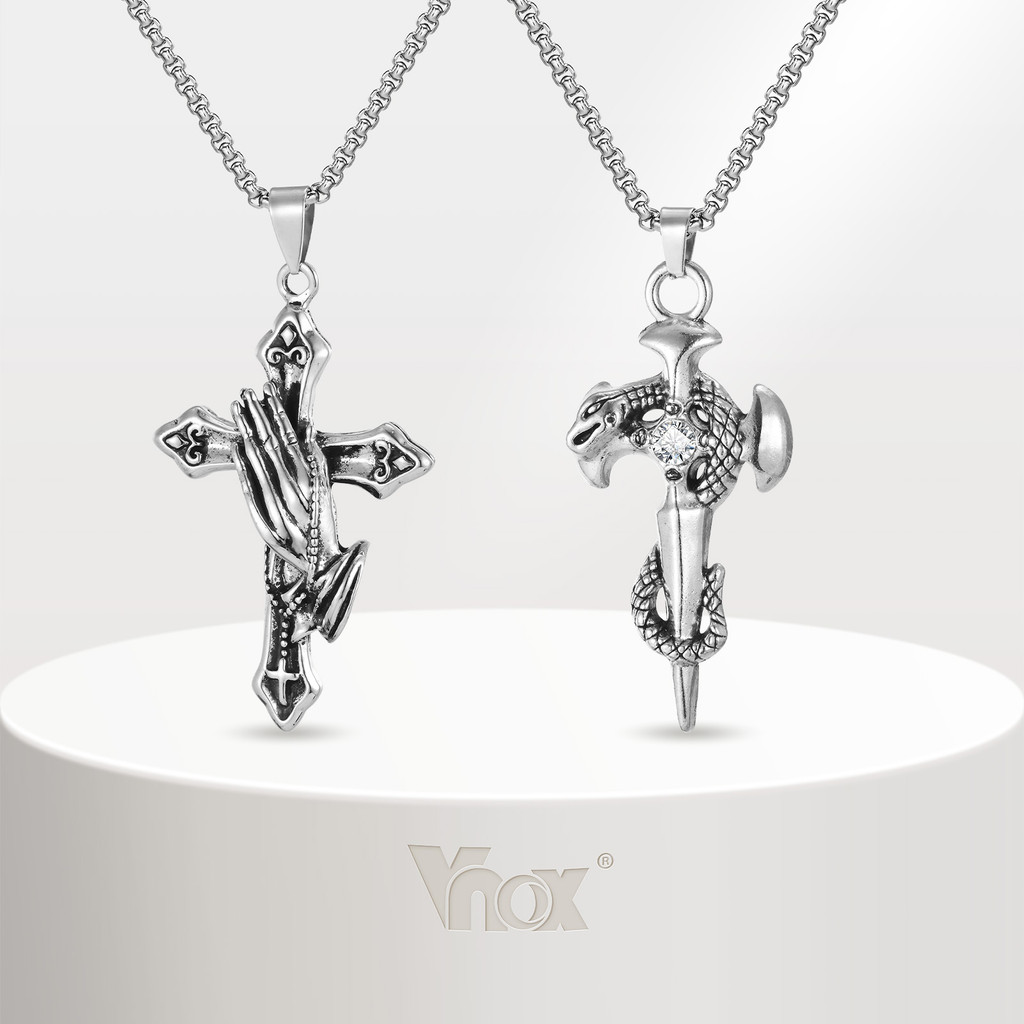 Vnox Retro คาทอลิกข้ามจี้สร้อยคอสําหรับผู้ชาย, มือสวดมนต์ข้ามคริสเตียนโซ่เครื่องประดับของขวัญ