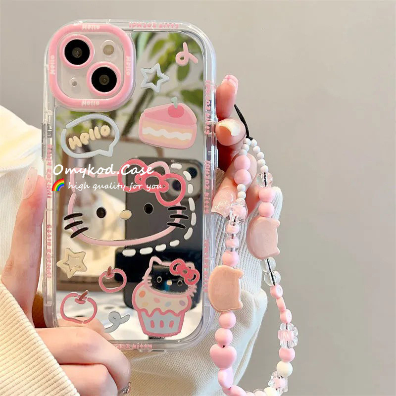 กระจก + Lanyard สําหรับ Vivo Y20 Y21 Y22 Y17 Y15A Y02S Y50 Y95 Y27 Y51 Y28 Y18 Y03 Y18E Y31 Y93 Y91 เคสโทรศัพท์ INS เกาหลีน่ารักกันกระแทกกระจกคิตตี้ Anti Drop