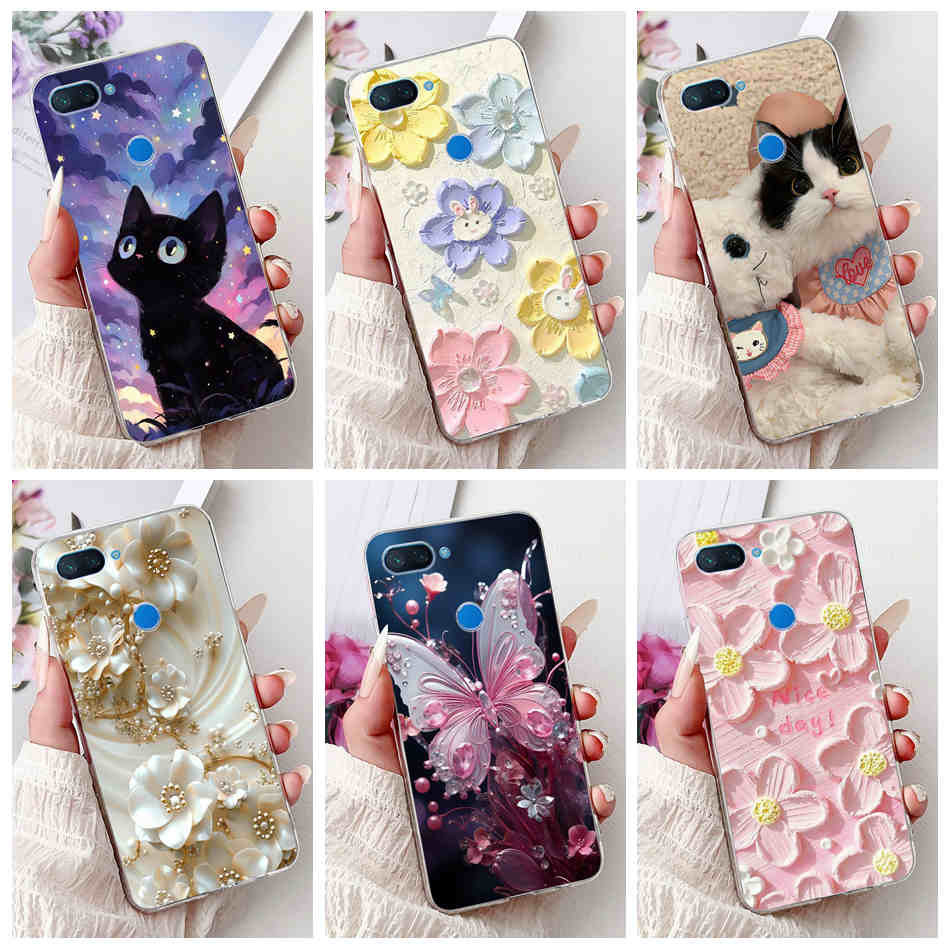 สําหรับ Xiaomi Mi 8 Lite เคสโทรศัพท์ Mi8 8lite แมวน่ารักผีเสื้อดอกไม้รูปแบบซิลิโคนอ่อนนุ่มปลอก TPU โปร่งใส