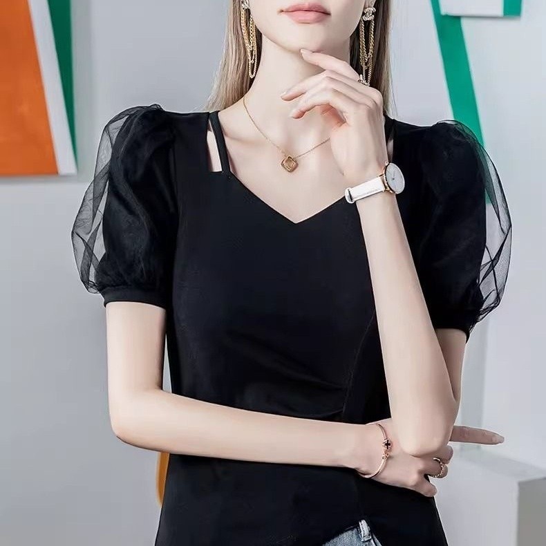 [Domi เสื้อผ้าผู้หญิง] 2025 เย็บ Bubble ขนาดใหญ่แขนสั้น Slimmer ดูเสื้อยืดฤดูร้อนการออกแบบไม่สม่ําเส