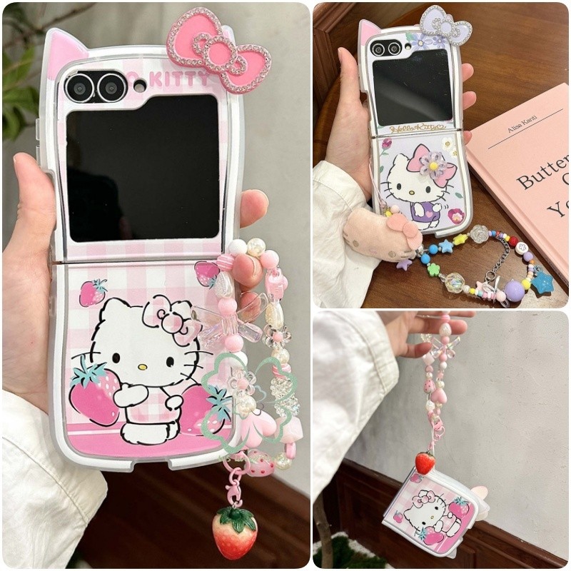 หูแมวน่ารัก Bowknot Soft Case Samsung Galaxy Z Flip 6 /5 Z Flip 4/3 Flip 7 Clear Casing Bracelet สายรัดข้อมือ Link Buckle Cover