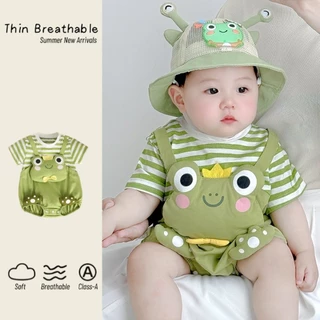 ฤดูร้อนใหม่เสื้อผ้าเด็กชายหญิงแขนสั้น ประกบกัน บอดี้สูท 0-28 เดือนน่ารักสุดน่ารักการ์ตูนกบผ้าฝ้ายแท้สามเหลี่ยม ชุดรอมเปอร์ ออกไป