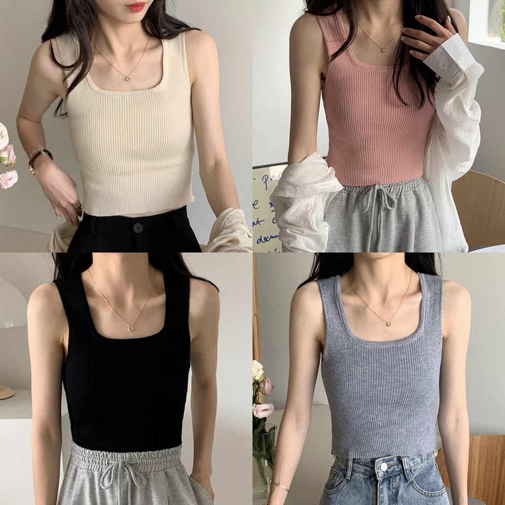 💓Mary💓เสื้อกล้าม ไหมพรม เข้ารูป ดีเทลผ้าร่อง ผ้านิ่ม คอเหลี่ยม สีพื้น เสื้อแขนกุด ใส่สบาย สไตล์มินิมอล ลำลอง💐#28019