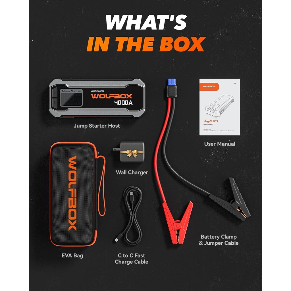 WOLFBOX 4000A 12V Car Jump Starter – ชุดแบตเตอรี่ 24000mAh สําหรับเครื่องยนต์แก๊สและดีเซล 10L, เครื่องชาร์จด่วน 65W, จอแสดงผล LED, บูสเตอร์, ไฟ LED, รวมสายเคเบิลจัมเปอร์แบบพกพา - รูปที่ 4