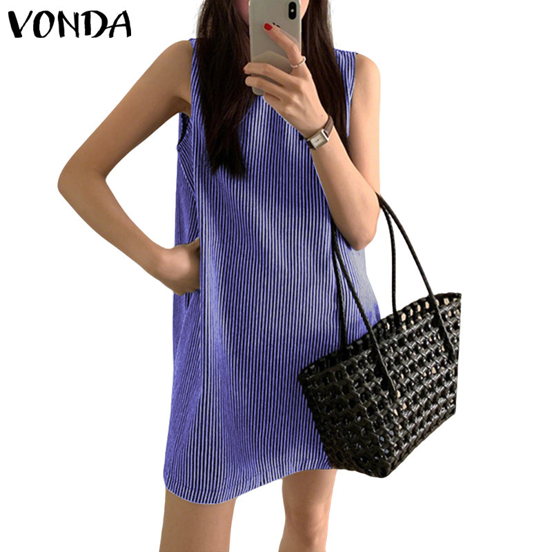 VONDA ชุดเดรสลายทางทรงหลวมแขนกุดลําลองสไตล์เกาหลีสําหรับผู้หญิง
