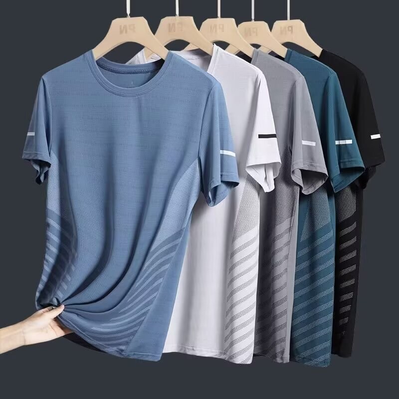 [M-5XL] เสื้อยืดผ้าไหมน้ําแข็งสําหรับผู้ชาย Dri-Fit แห้งเร็วหลวมตาข่ายฤดูร้อนเย็นแขนสั้นกีฬาลําลองด้านบนขนาดบวก