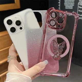 เคสโทรศัพท์ ผีเสื้อส่องแสง เคส พร้อมขาตั้งแม่เหล็ก For iphone 16 15 14 11 13 12 7 8 plus Pro max Pro XR XS เคสไอโฟนสวยๆ