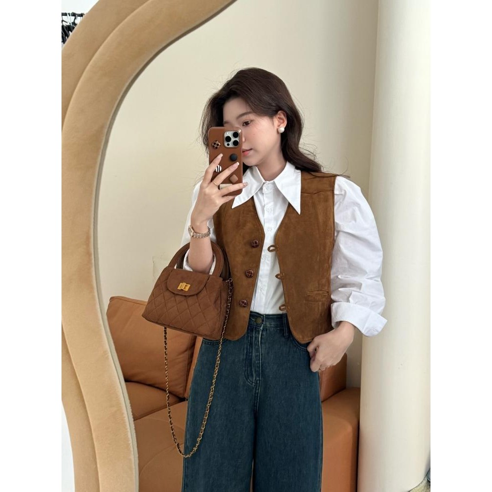 Berkeli Suede Retro Dim Wear Vest Women V Neck Casual Short Vest Jacket