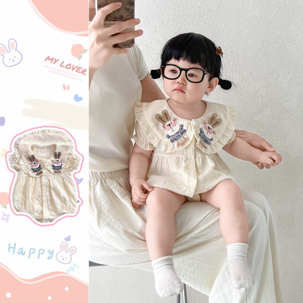 ฤดูร้อนใหม่เสื้อผ้าเด็ก ชุดรอมเปอร์ 0-28 เดือนทารกแรกเกิดน่ารักสุดน่ารักกระต่ายสไตล์เจ้าหญิงแขนสั้นปกพลิกระบายอากาศสาวบอดี้สูท