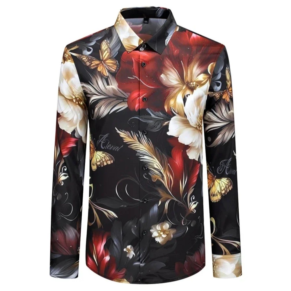 หรูหรา พลอยเทียม ดอกไม้เสื้อผู้ชายแขนยาวเสื้อลําลองสลิมฟิตวินเทจสังคมพรรคทักซิโด้ธุรกิจชุดที่เป็นทาง
