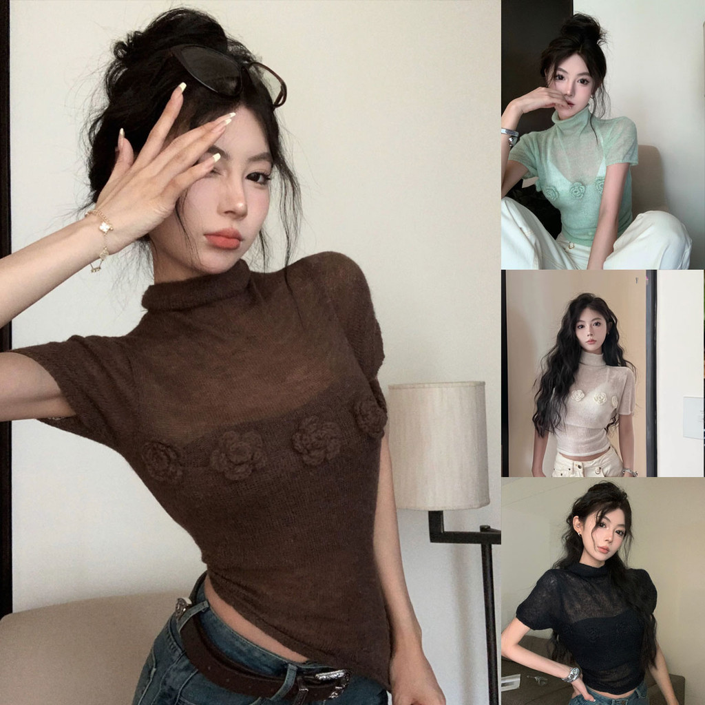 Dahong เสื้อสเวตเตอร์ไหมน้ำแข็ง Camellia คอเต่าโปร่งแสง สไตล์ใหม่ สําหรับผู้หญิงคอเสื้อยืดผู้หญิงฤดูร้อนออกแบบแฟชั่นD419