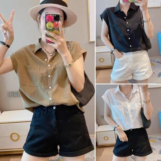 Dahong  เสื้อเชิ้ตแขนกุด  เสื้อผ้าเที่ยวคาเฟ่ oversize คอปก …
