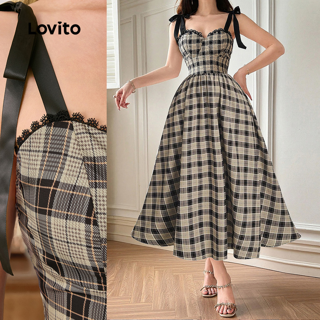 Lovito ชุดเดรสสายโครงสร้างผูกเชือกลายสก๊อตลําลองสําหรับผู้หญิง LBL24101