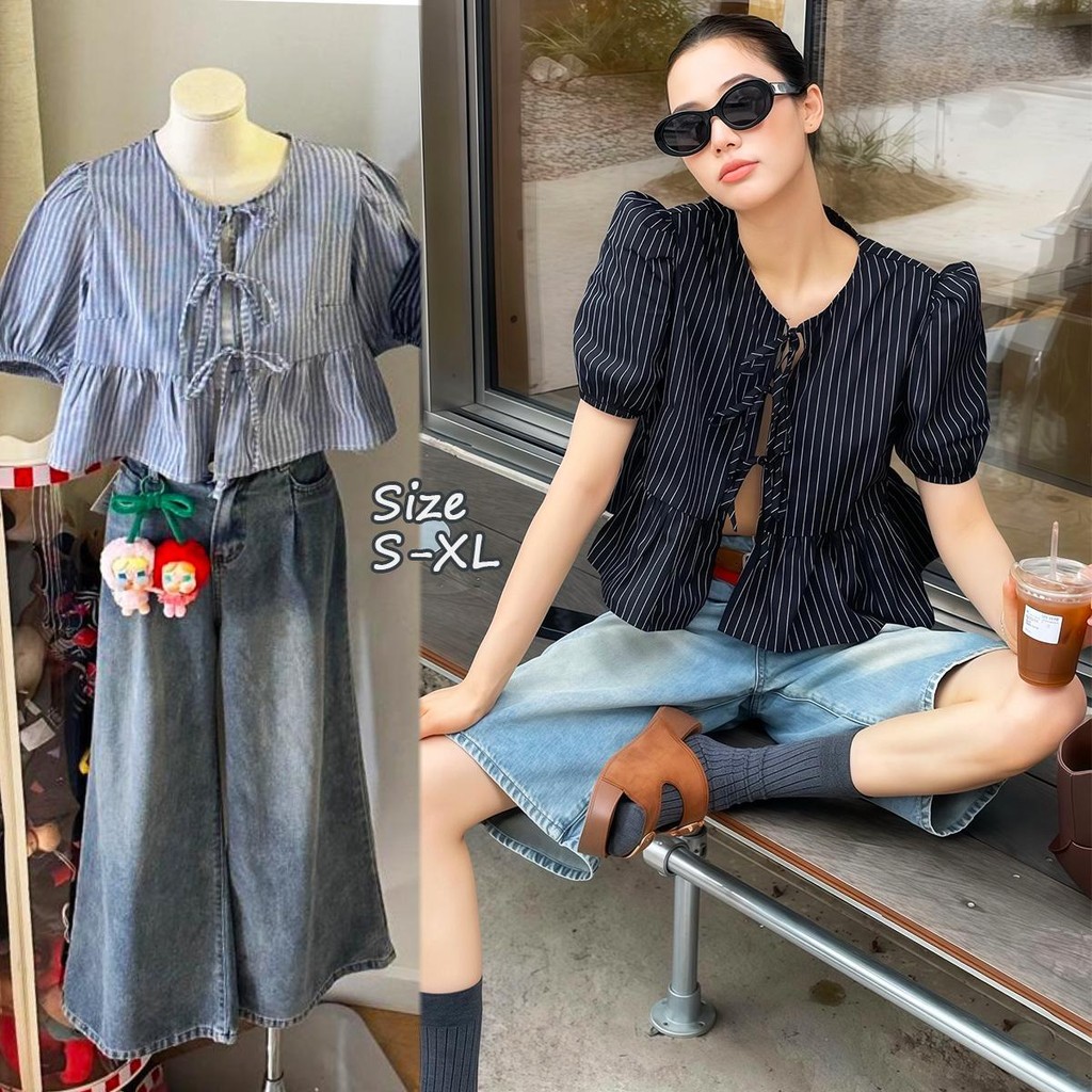 Chili Koko เสื้อแขนสั้นแขนพอง เสื้อคาร์ดิแกนสั้นผูกโบว์แฟชั่นเกาหลีใหม่สำหรับฤดูร้อน W599