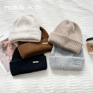 MISSKOI หมวกผู้หญิงฤดูใบไม้ร่วงฤดูหนาวความอบอุ่น Hot-Protecting หูแสดงใบหน้าขนาดเล็กถักหมวก Windproof ขนสัตว์เส้นรอบวงหัวใหญ่ Pi
