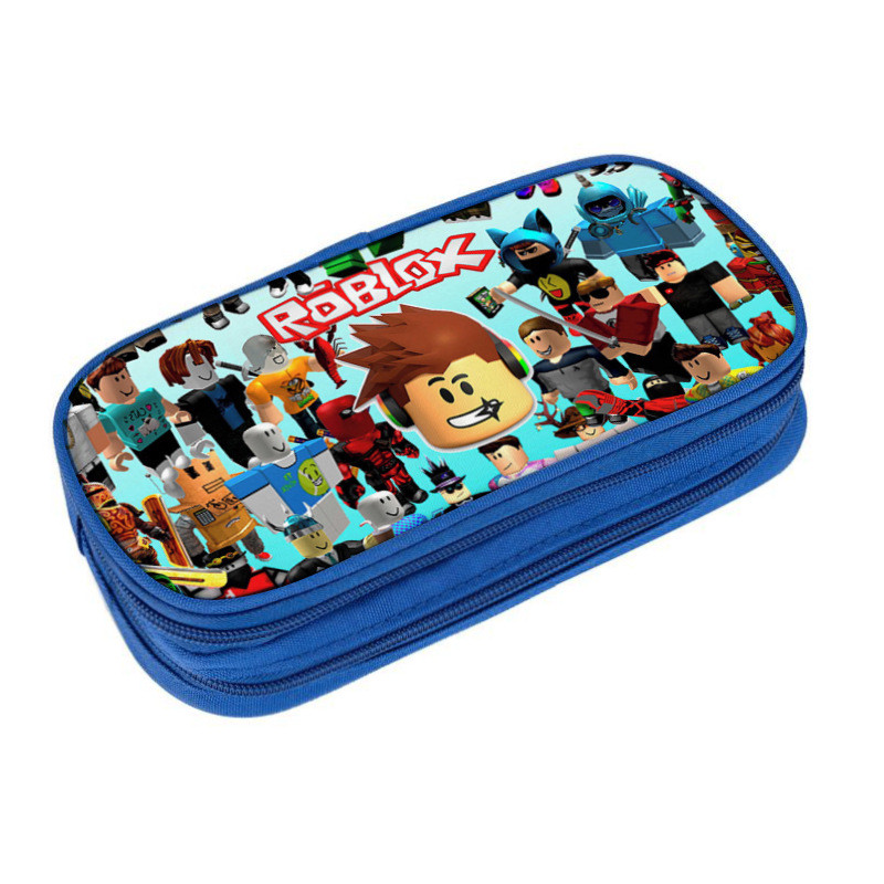Roblox กระเป๋าดินสอพิมพ์ลายสองชั้นความจุขนาดใหญ่กระเป๋าเครื่องเขียนสำหรับเด็กประถมเด็กสีฟ้า