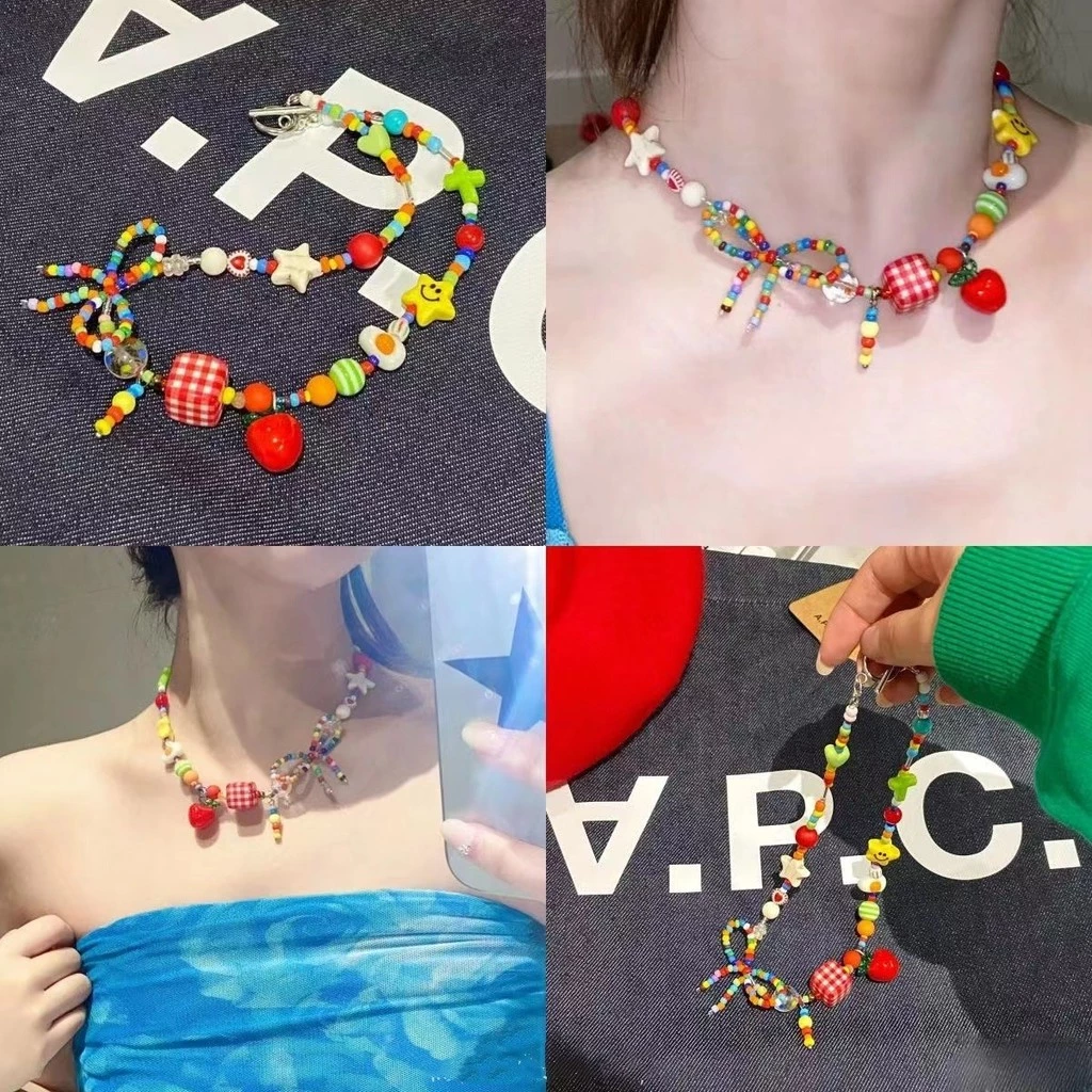 น่ารัก Harajuku การ์ตูนผลไม้โบว์ที่มีสีสันลูกปัด Choker สร้อยคอ Egirl Goth Vintage 2000s Y2K EMO เครื่องประดับอุปกรณ์เสริมความงาม
