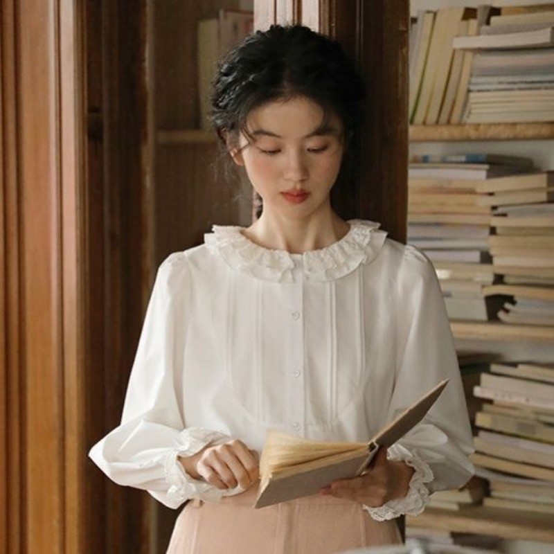 🎀Mona🎀สีทึบ คอกลม เสื้อเชิ้ต เวอร์ชั่นเกาหลี ความเรียบง่าย หวาน