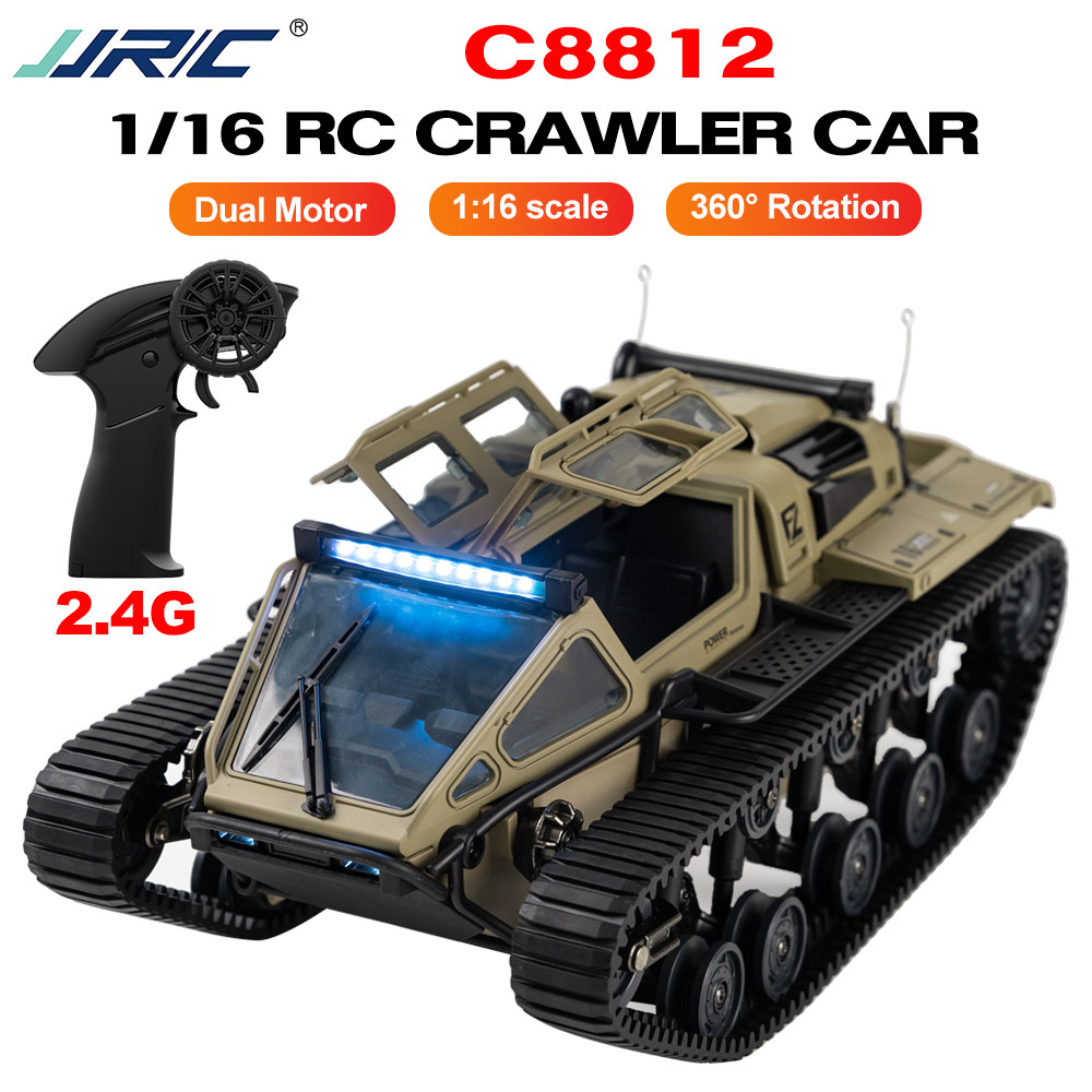 Jjrc C8812 1:16 รถตีนตะขาบดริฟท์ 360° หมุน 13 โหมดแสงมอเตอร์คู่ RC ติดตามรถสําหรับเส้นทางทุ่งหญ้าถนน