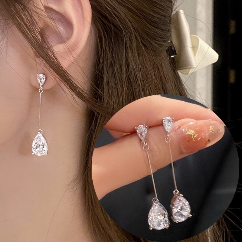 S925 เงินยาวเพทายพู่ต่างหูแฟชั่นเกาหลีเครื่องประดับต่างหูอุปกรณ์เสริมสําหรับผู้หญิง