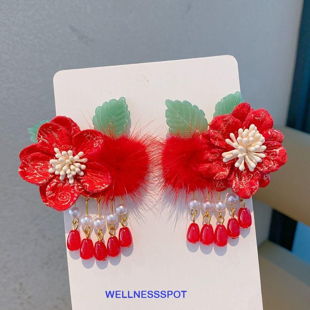 Wellnessspot ปีใหม่ Barrettes, สไตล์จีน Tang ชุดเด็กปีใหม่ Hairpin, เจ้าหญิง Hanfu Headwear ดอกไม้พู่โบราณสไตล์กิ๊บฤดูหนาว