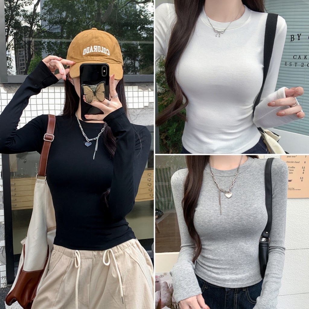 cherryshop พร้อมส่ง เสื้อยืดแขนยาวผู้หญิงสไตล์เกาหลีเรียบง่ายใหม่ สีพื้น คอกลม รัดรูป ใส่เเล้วดูผอม เข้ากับทุกสไตล์