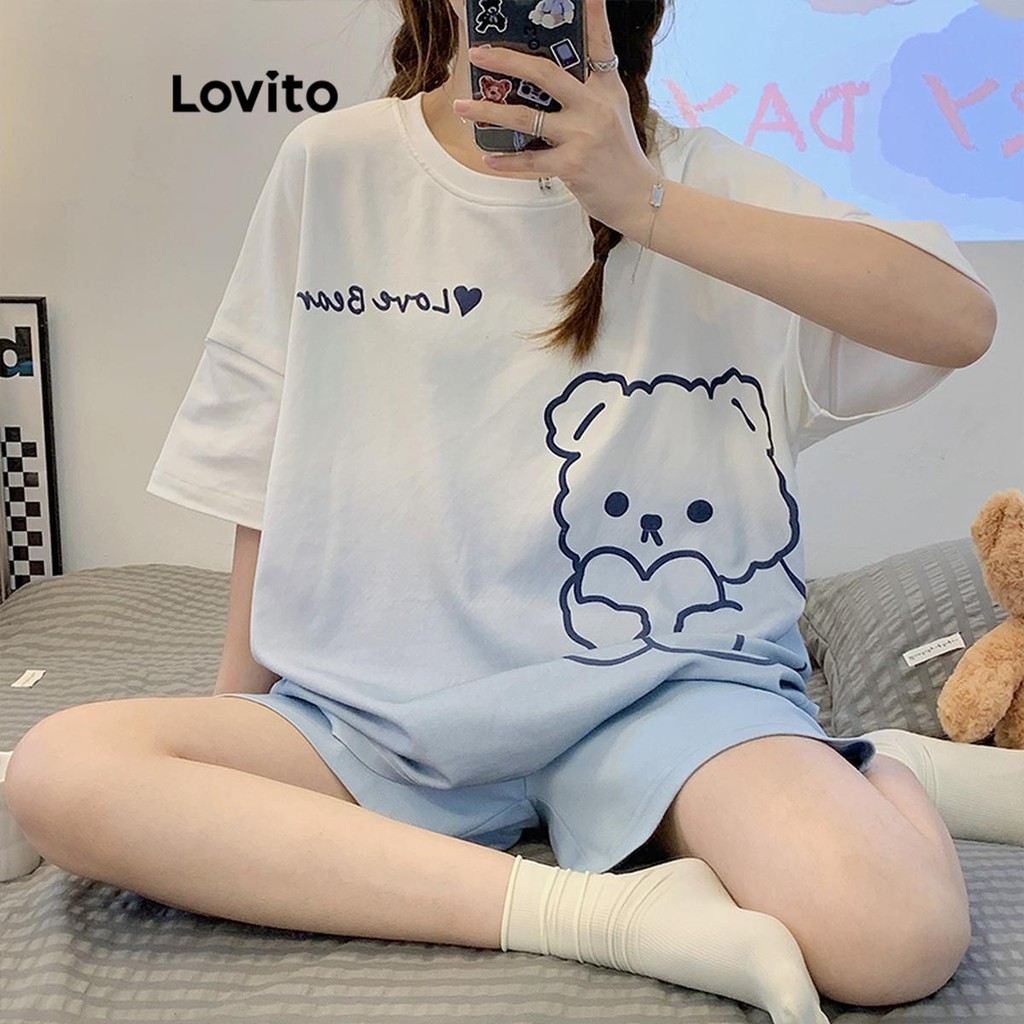 Lovito ชุดนอนผู้หญิง พิมพ์ลายการ์ตูน สไตล์ลำลอง LNE58575